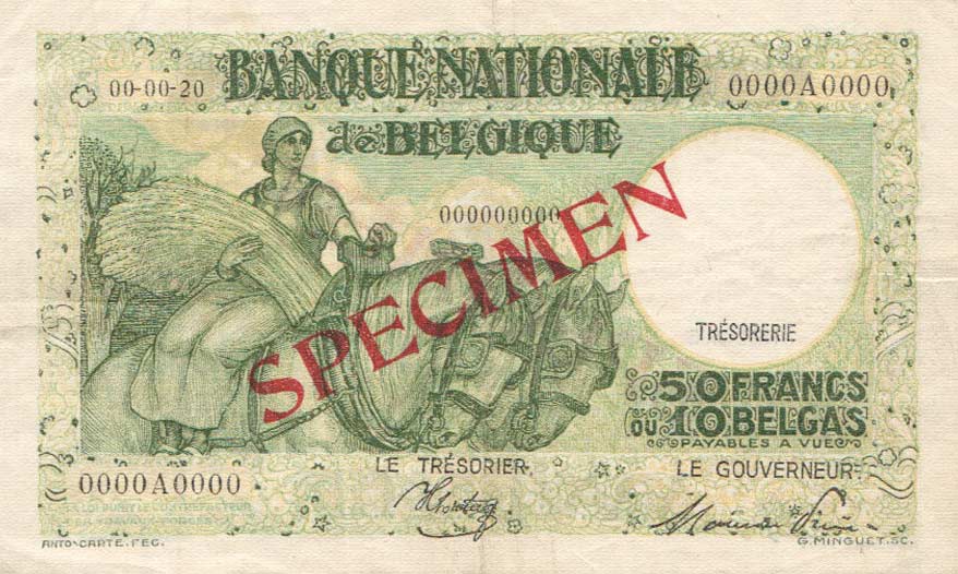 Front of Belgium p101s: 50 Francs from 1928