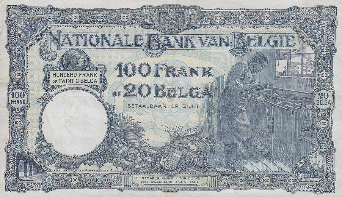 Back of Belgium p102: 100 Francs from 1927