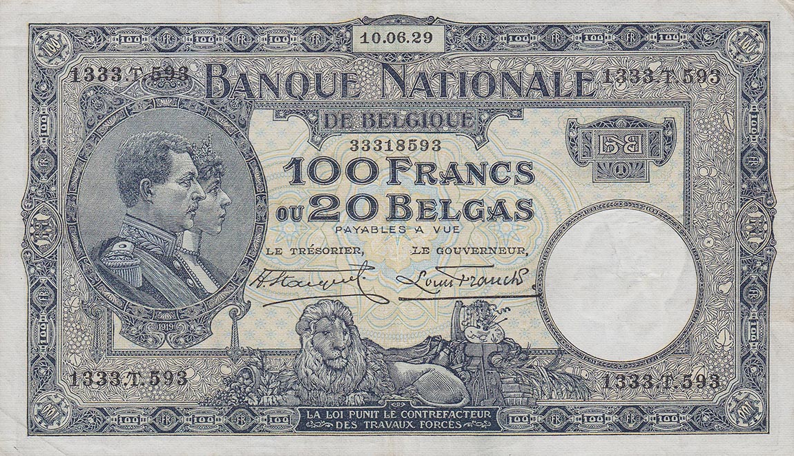 Front of Belgium p102: 100 Francs from 1927