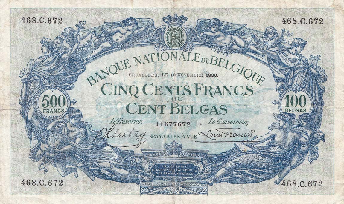 Front of Belgium p103b: 500 Francs from 1936