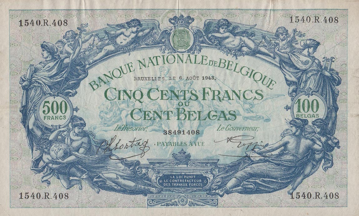 Front of Belgium p109: 500 Francs from 1938