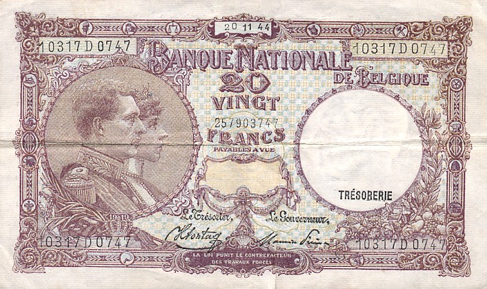 Front of Belgium p111a: 20 Francs from 1940