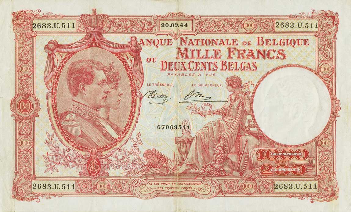 Front of Belgium p115a: 1000 Francs from 1944