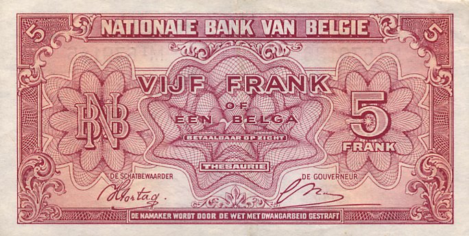 Back of Belgium p121a: 5 Francs from 1943