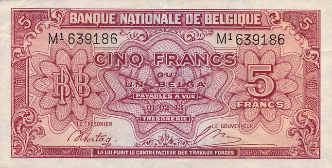 Front of Belgium p121a: 5 Francs from 1943
