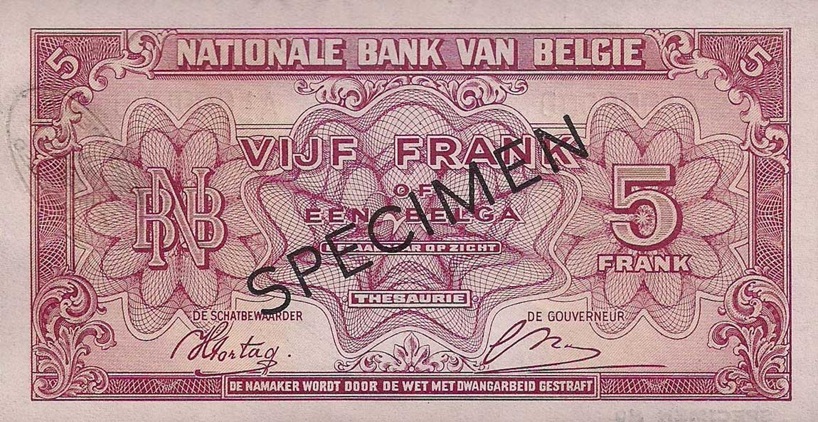 Back of Belgium p121s: 5 Francs from 1943