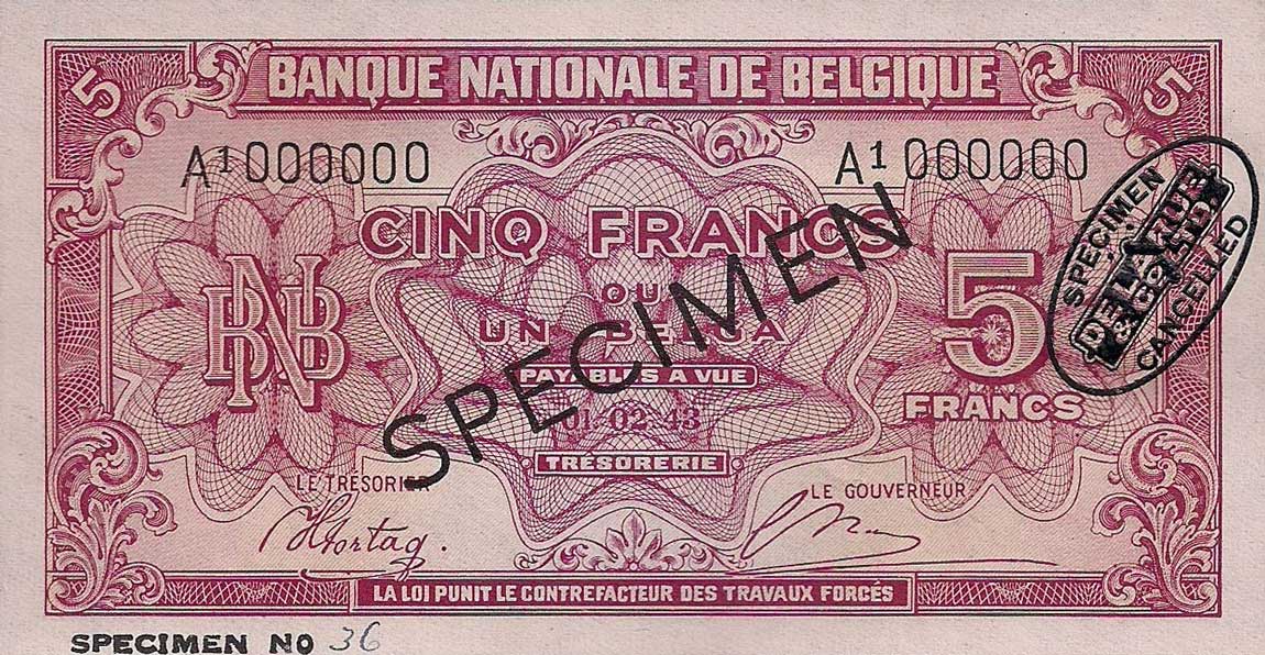 Front of Belgium p121s: 5 Francs from 1943