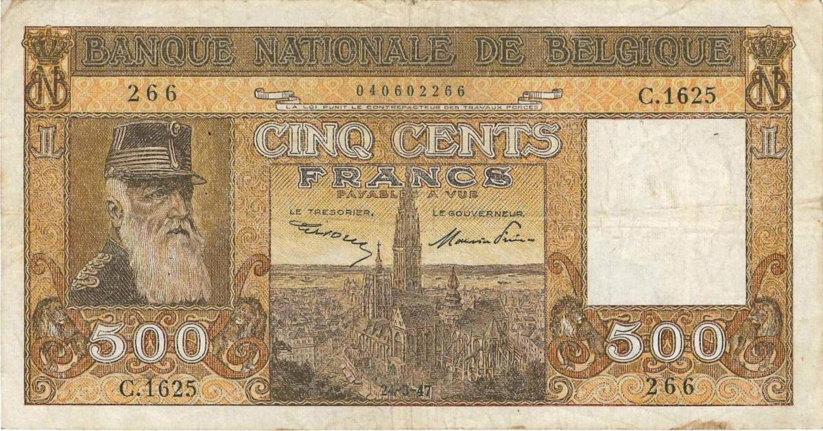 Front of Belgium p127b: 500 Francs from 1947