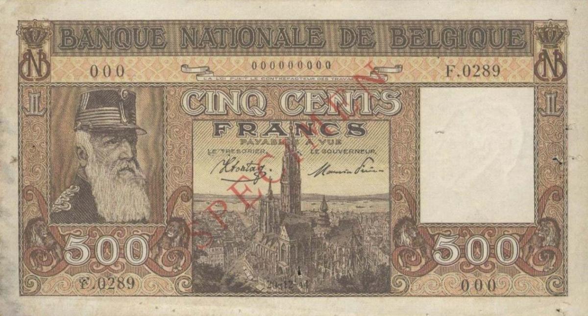 Front of Belgium p127s: 500 Francs from 1944