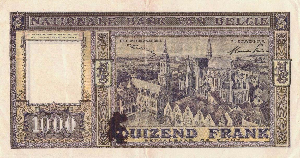 Back of Belgium p128c: 1000 Francs from 1947