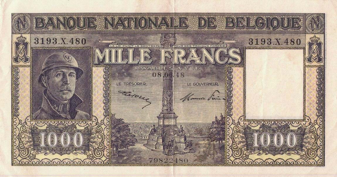 Front of Belgium p128c: 1000 Francs from 1947