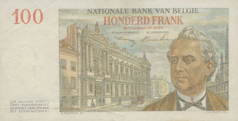 Back of Belgium p129a: 100 Francs from 1952