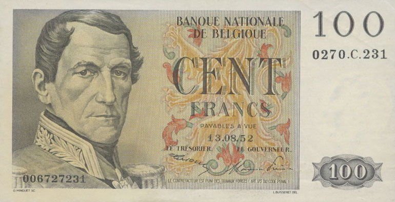 Front of Belgium p129a: 100 Francs from 1952