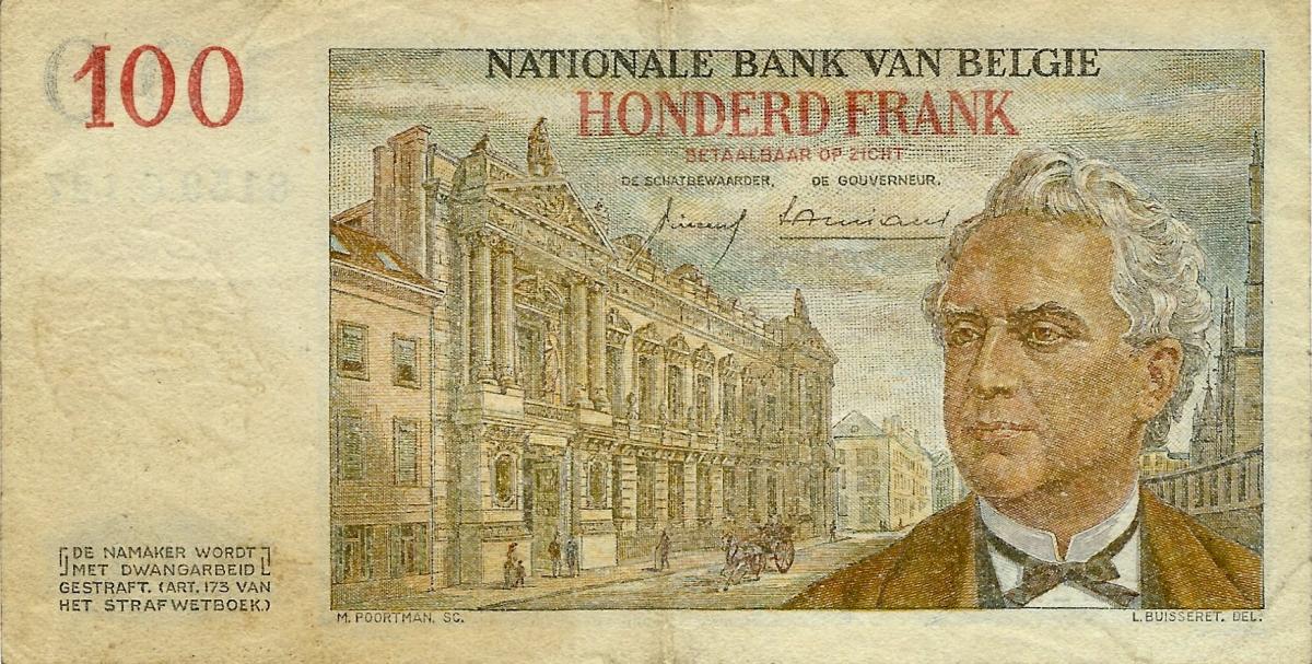 Back of Belgium p129c: 100 Francs from 1957
