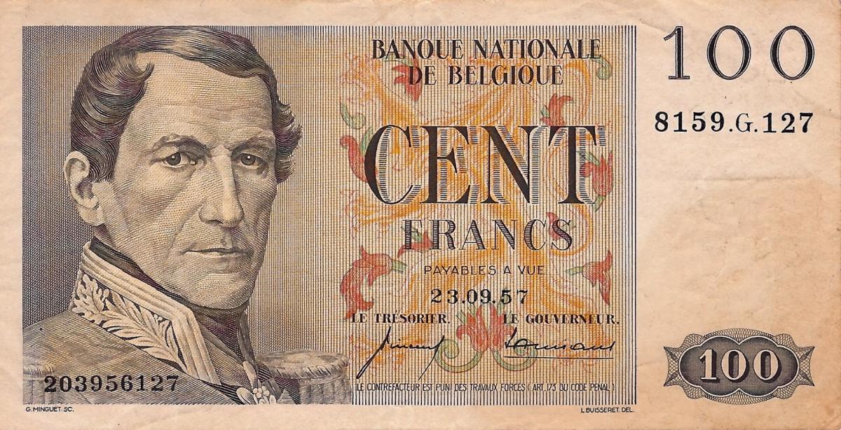 Front of Belgium p129c: 100 Francs from 1957