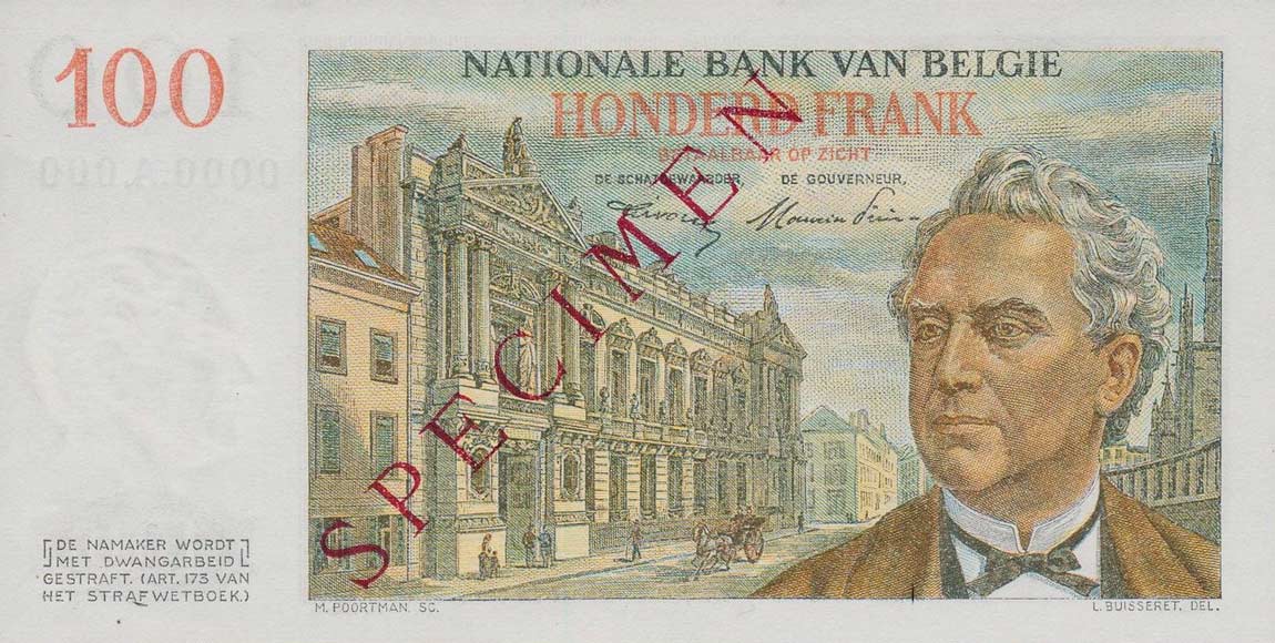 Back of Belgium p129s: 100 Francs from 1952