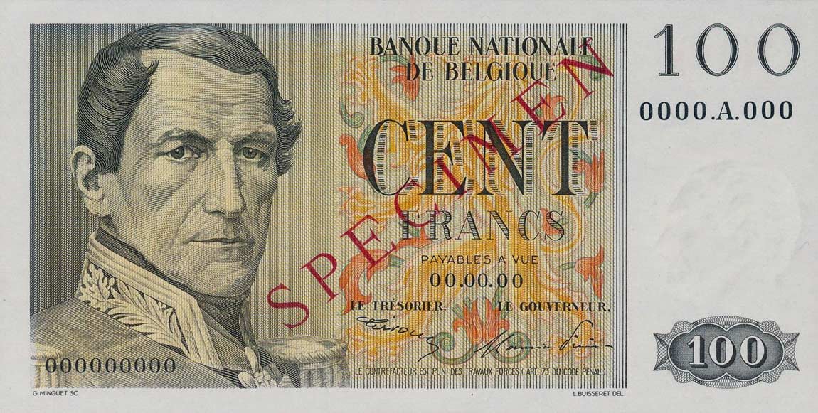 Front of Belgium p129s: 100 Francs from 1952