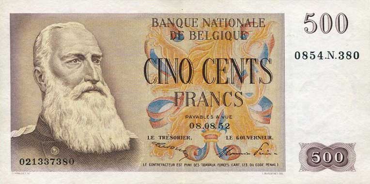 Front of Belgium p130a: 500 Francs from 1952