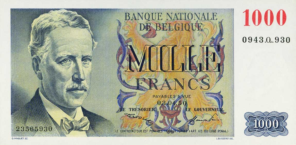 Front of Belgium p131a: 1000 Francs from 1950