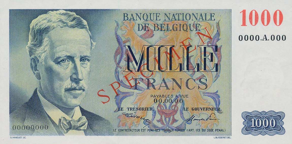 Front of Belgium p131s: 1000 Francs from 1950