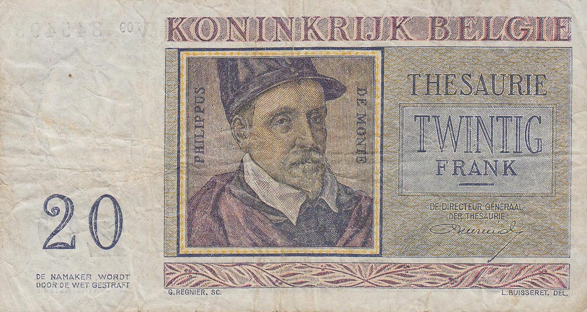 Back of Belgium p132b: 20 Francs from 1956