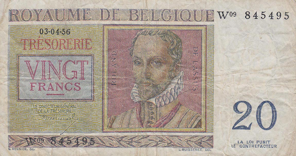 Front of Belgium p132b: 20 Francs from 1956