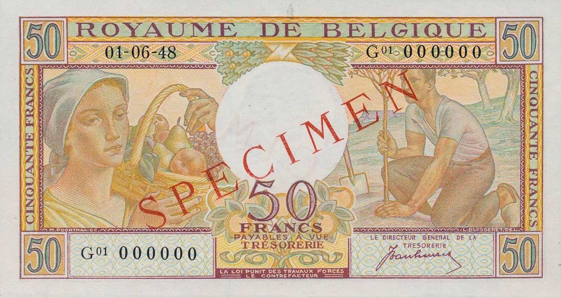 Front of Belgium p133s: 50 Francs from 1948