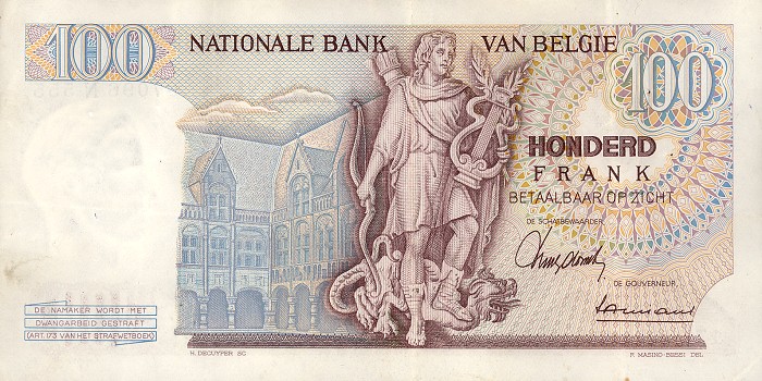 Back of Belgium p134a: 100 Francs from 1962
