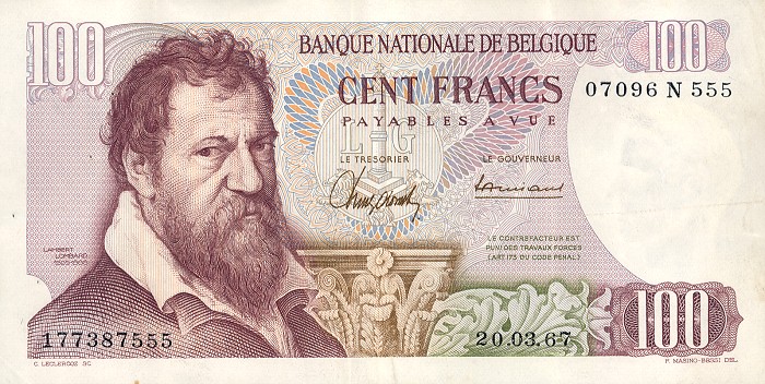 Front of Belgium p134a: 100 Francs from 1962