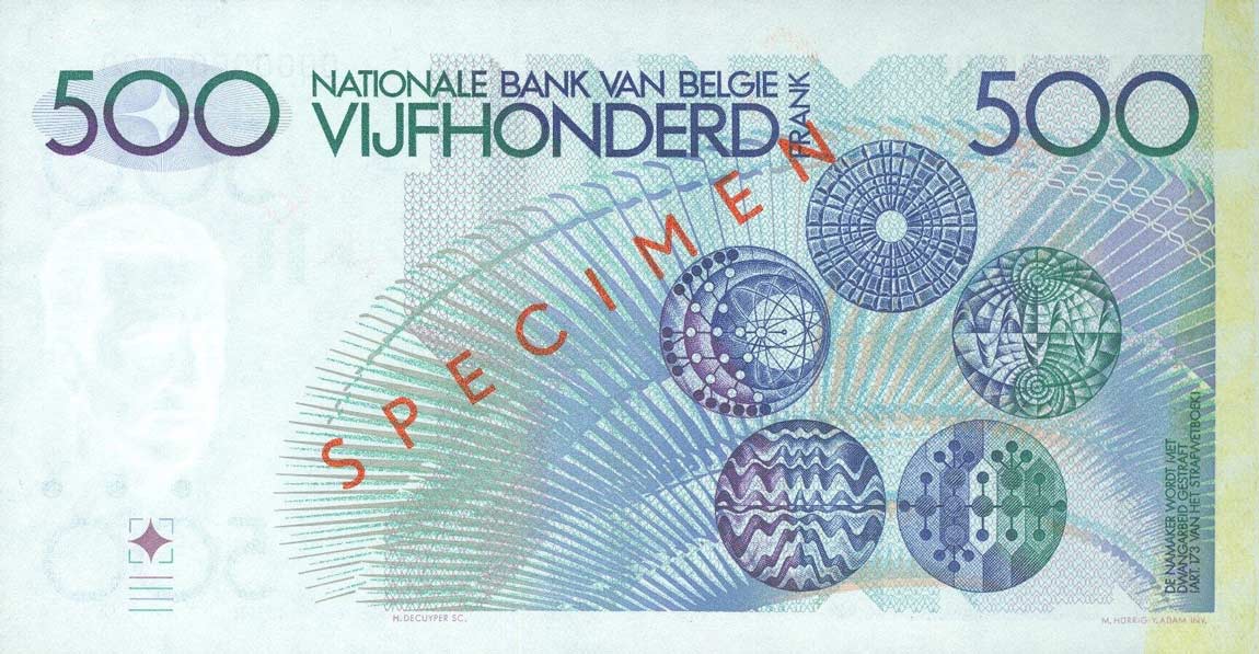 Back of Belgium p141s: 500 Francs from 1980