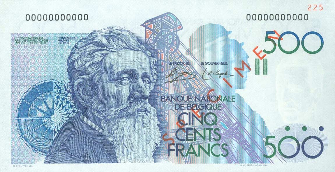 Front of Belgium p141s: 500 Francs from 1980