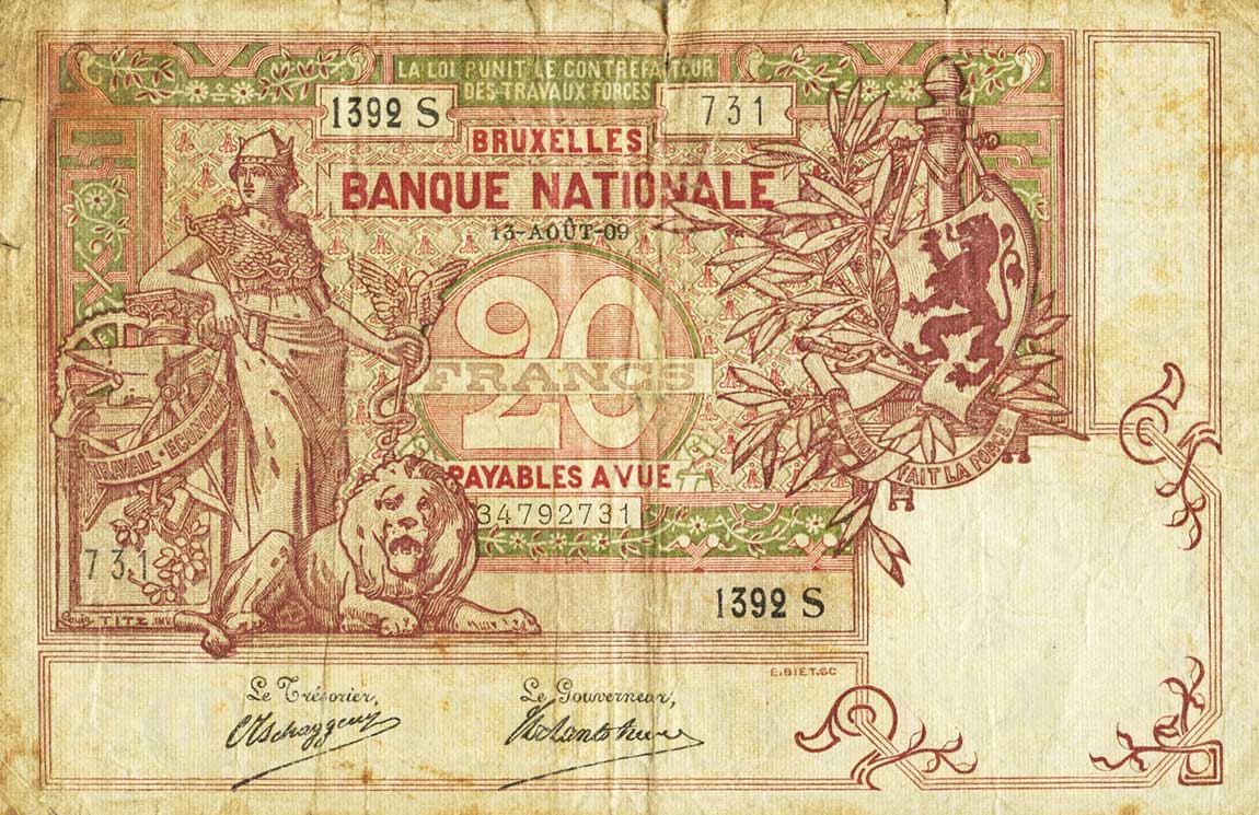 Front of Belgium p62d: 20 Francs from 1905