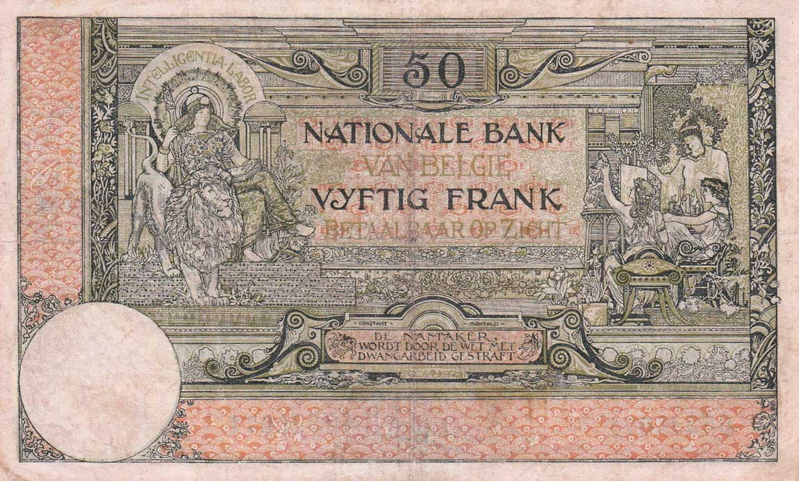 Back of Belgium p68b: 50 Francs from 1919