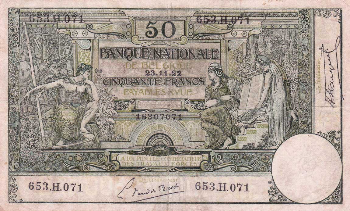 Front of Belgium p68b: 50 Francs from 1919