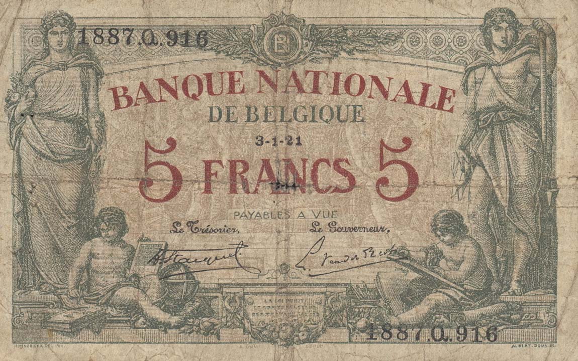 Front of Belgium p75b: 5 Francs from 1918