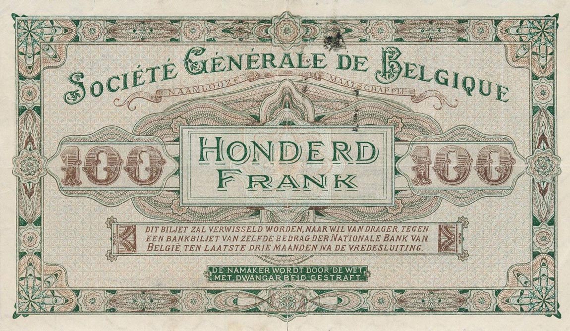 Back of Belgium p90: 100 Francs from 1914