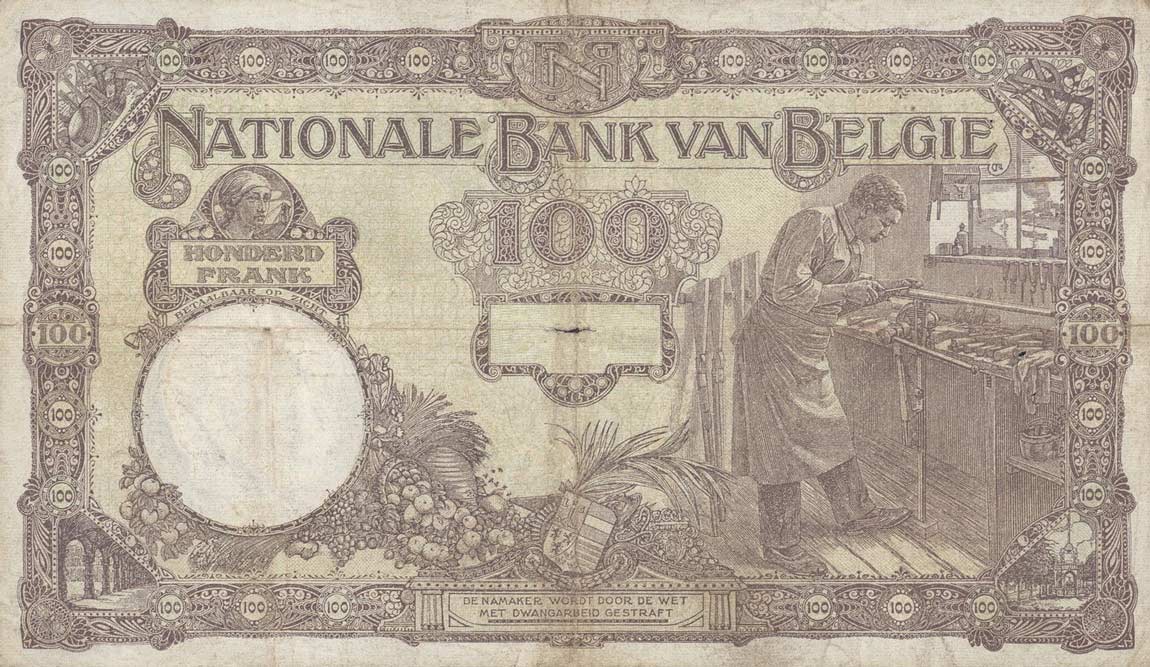 Back of Belgium p95: 100 Francs from 1921