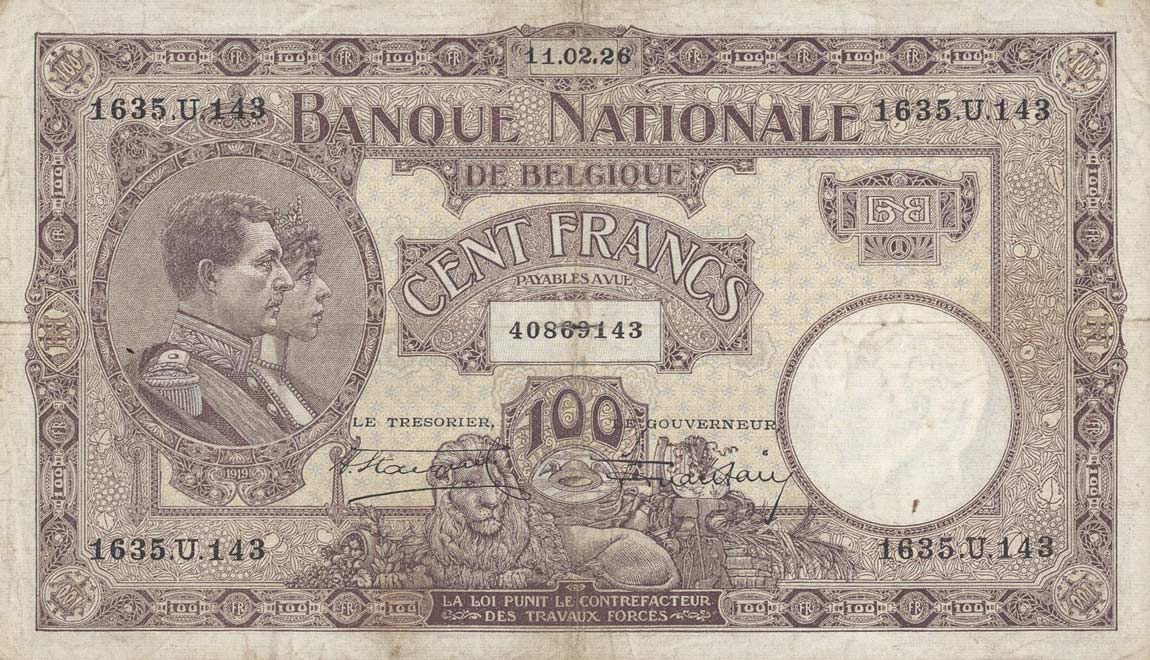 Front of Belgium p95: 100 Francs from 1921