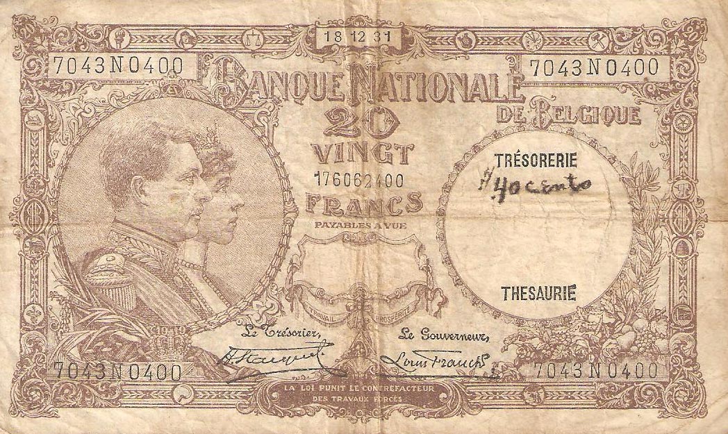 Front of Belgium p98b: 20 Francs from 1926