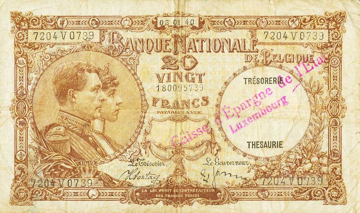 Front of Belgium p98c: 20 Francs from 1940