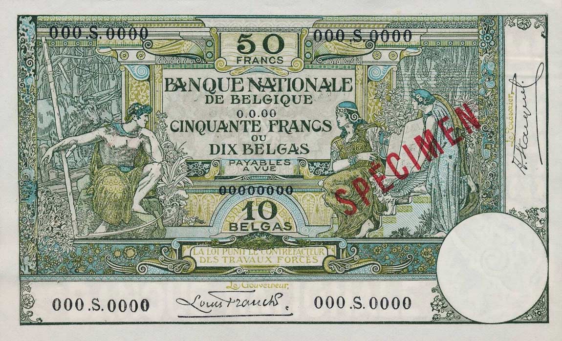 Front of Belgium p99s: 50 Francs from 1927