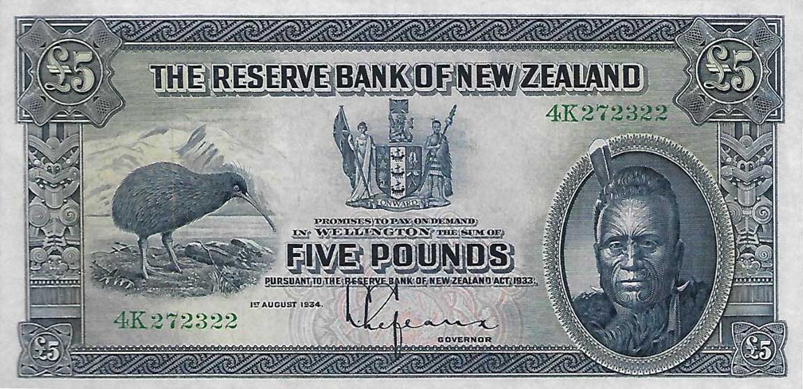 Front of New Zealand p156: 5 Pounds from 1934