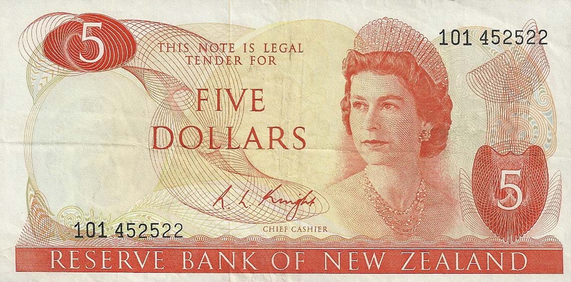 Front of New Zealand p165c: 5 Dollars from 1975