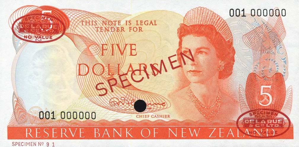 Front of New Zealand p165s: 5 Dollars from 1967