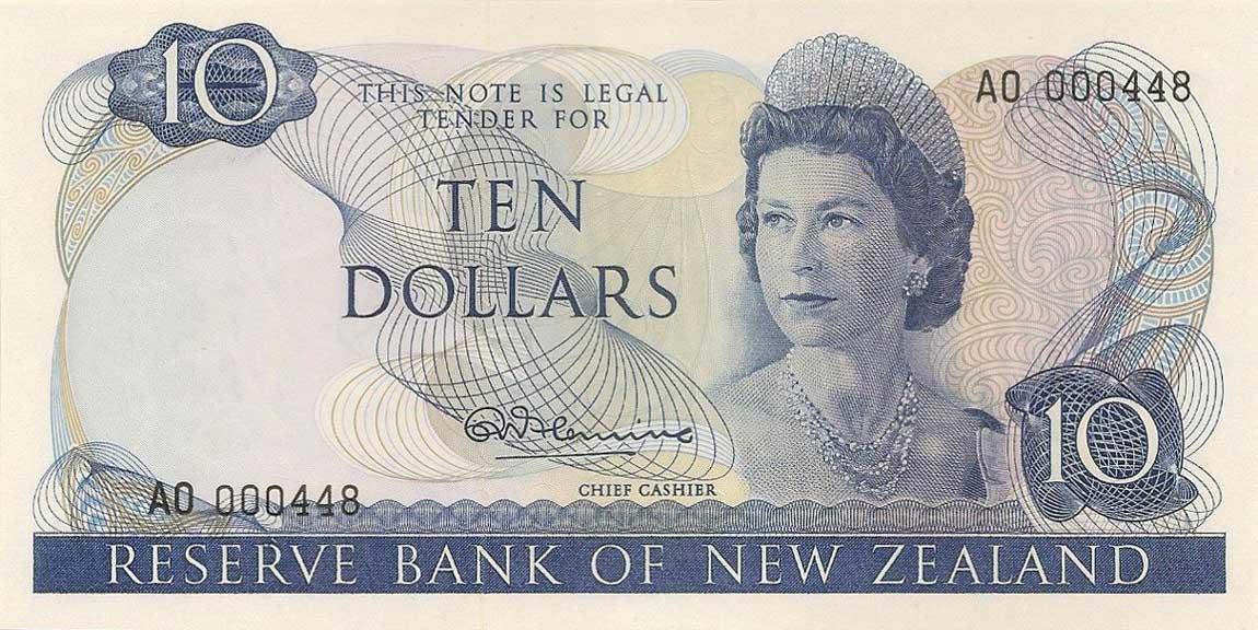 Front of New Zealand p166a: 10 Dollars from 1967