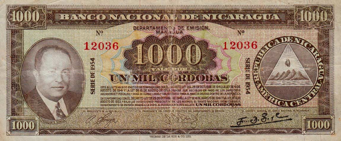 Front of Nicaragua p106a: 1000 Cordobas from 1953