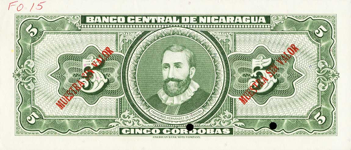 Back of Nicaragua p108s: 5 Cordobas from 1962