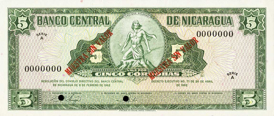 Front of Nicaragua p108s: 5 Cordobas from 1962