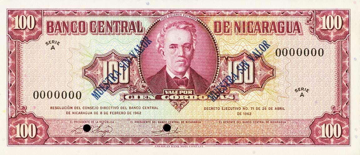 Front of Nicaragua p112s: 100 Cordobas from 1962