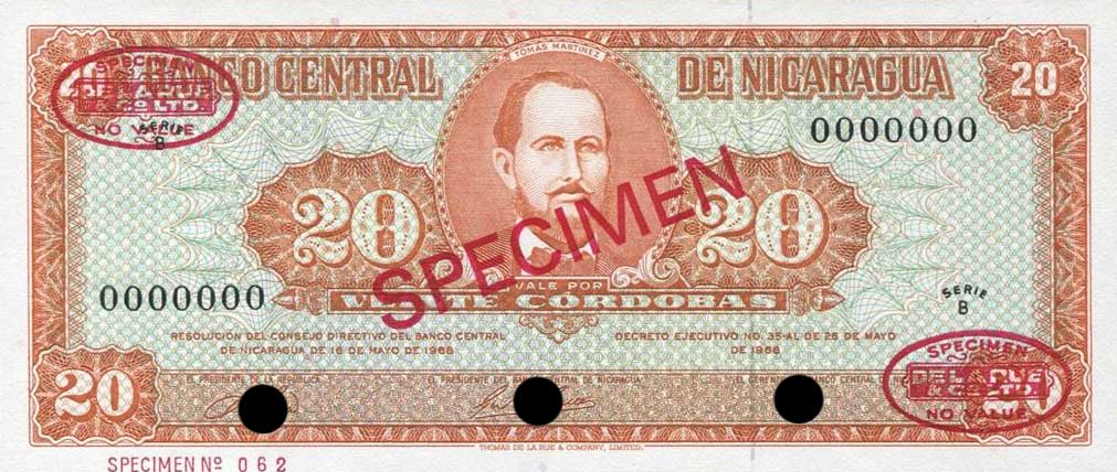 Front of Nicaragua p118s: 20 Cordobas from 1968